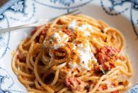 Burst Tomato Spaghetti with Creamy Burrata and Spicy Nduja