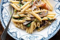 Crispy Guanciale, Mushroom & Spinach Pasta