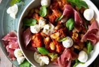 Savory Warm White Bean Salad with Prosciutto Tomato and Baby Mozzarella