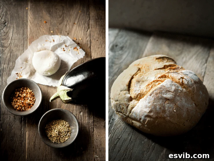Two photos one of eggplant, mozzarella, red pepper flakes and fennel seeds laid out on a wooden surface. The next is a loaf of crusty bread on a wooden surface. Eggplant bruschetta with mozzarella