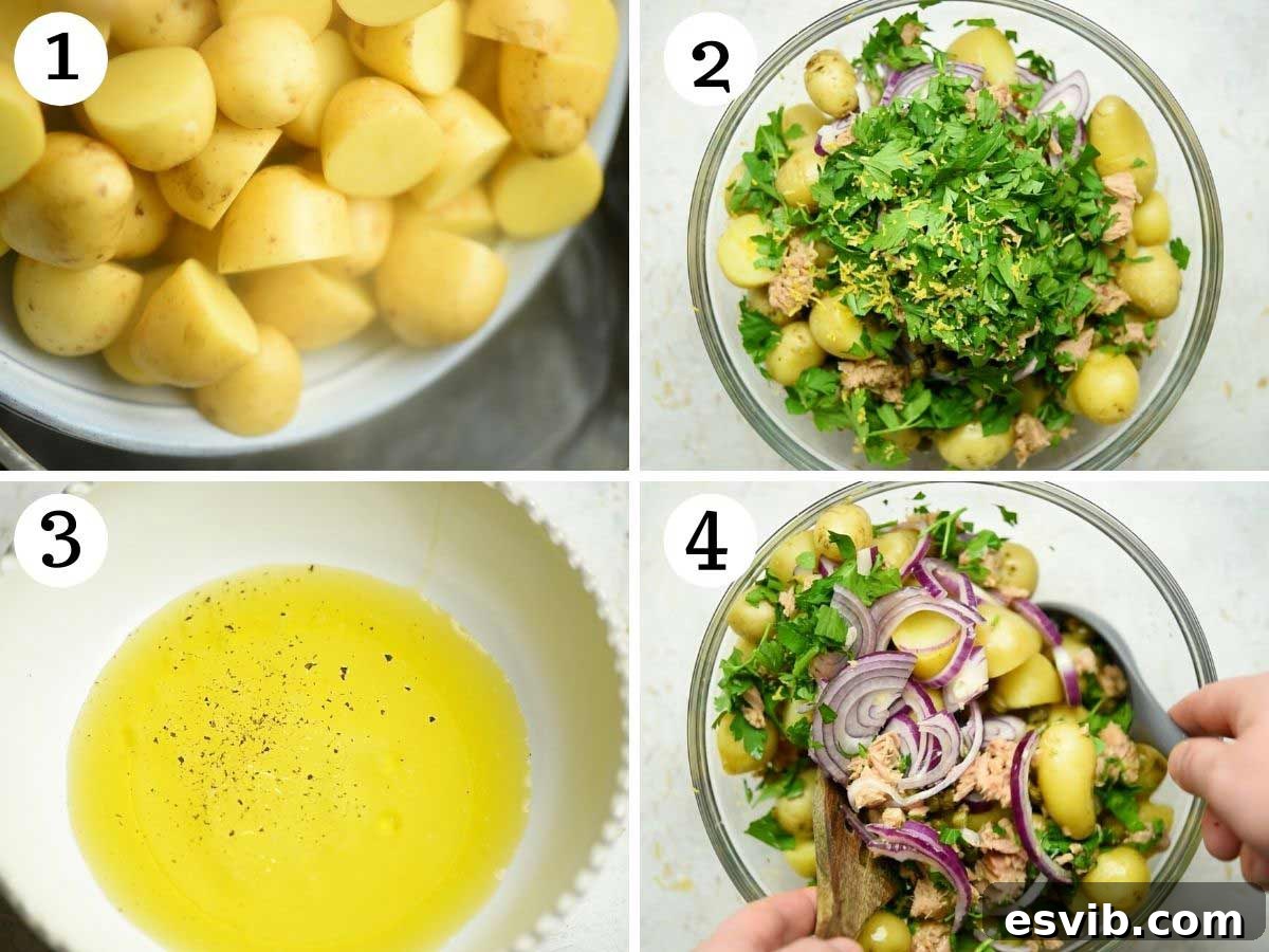 Step by step photos showing how to make a tuna potato salad, from boiling potatoes to combining ingredients in a bowl.