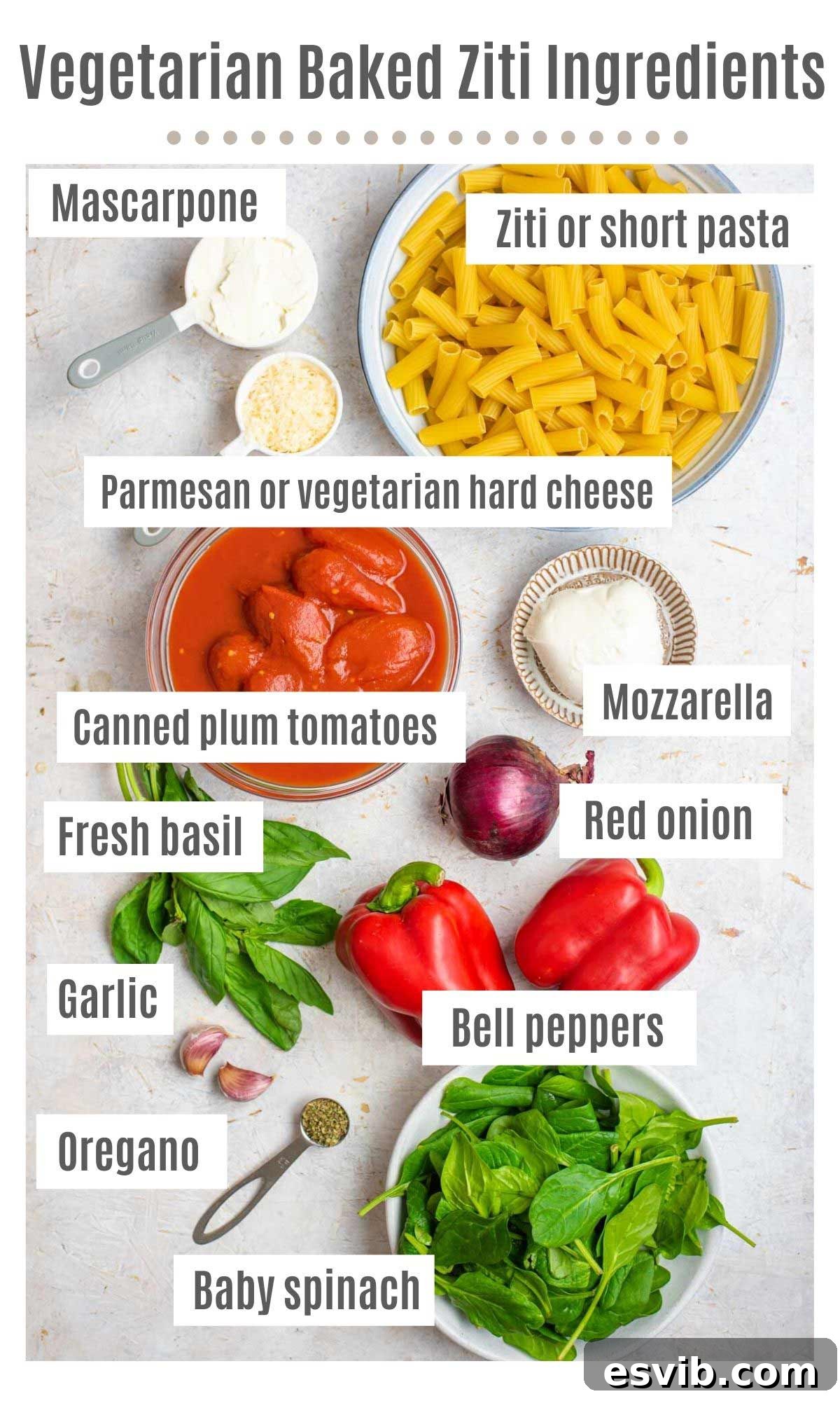 An overhead shot displaying all the fresh ingredients required to make a vegetarian baked ziti, including pasta, tomatoes, cheese, and vegetables