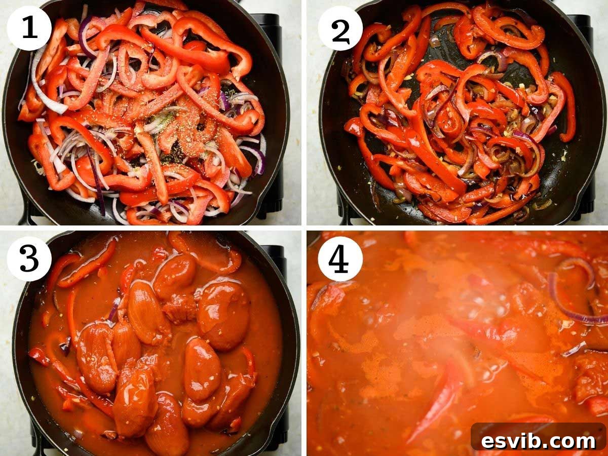 Step by step photos showing how to make a tomato pasta sauce with sautéed vegetables, garlic, and oregano