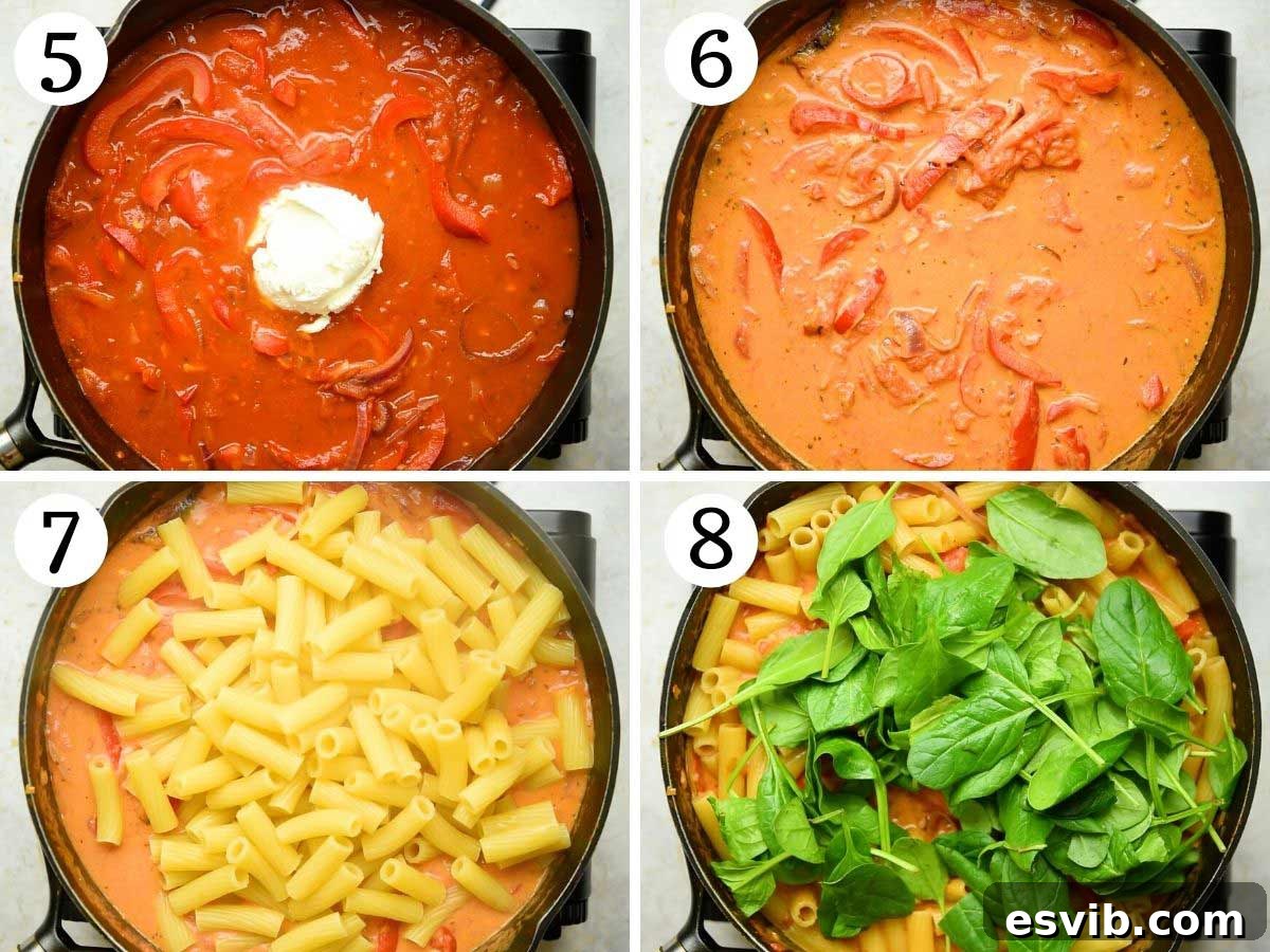 Step by step photos showing how to combine undercooked pasta, fresh spinach, and basil with the creamy tomato sauce