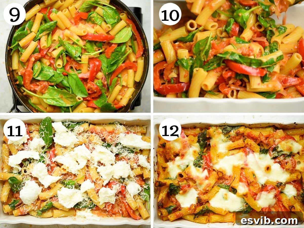 Step by step photos showing the final assembly of vegetarian baked ziti in a baking dish, topped with mozzarella and parmesan cheese before baking