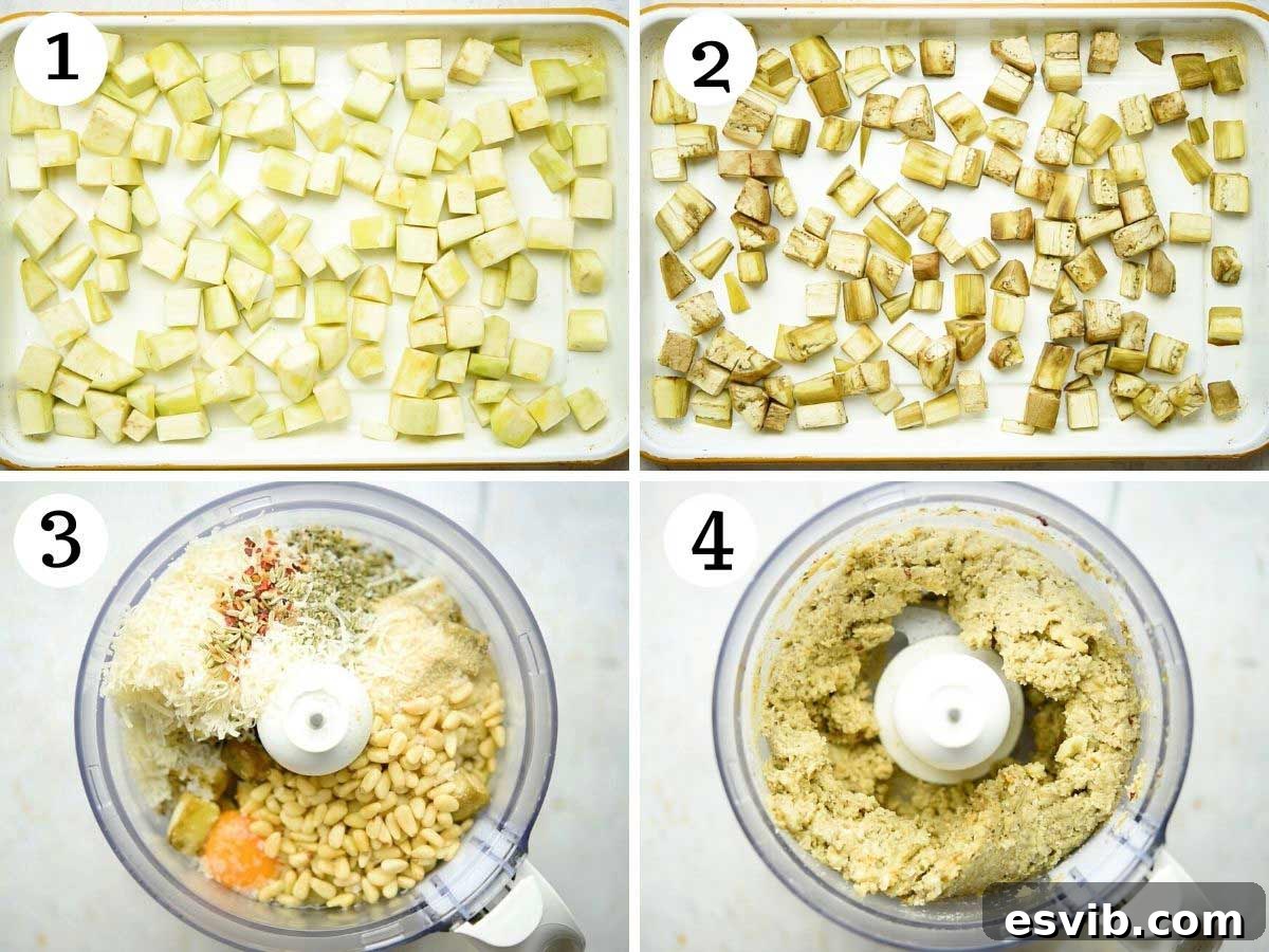 Plant-Based Eggplant Meatballs in Rustic Tomato Sauce 4 Step by step photos showing how to roast eggplant cubes and then blend them with pine nuts, parmesan, breadcrumbs, egg, and spices.