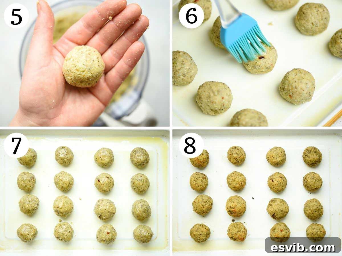 Plant-Based Eggplant Meatballs in Rustic Tomato Sauce 5 Step by step photos showing how to roll the eggplant mixture into uniform meatballs before baking.