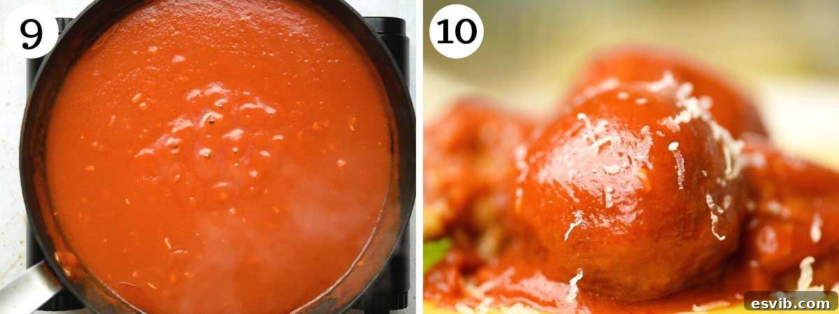 Plant-Based Eggplant Meatballs in Rustic Tomato Sauce 6 Step by step photos showing the process of making a simple tomato sauce with garlic, passata, and fresh basil.