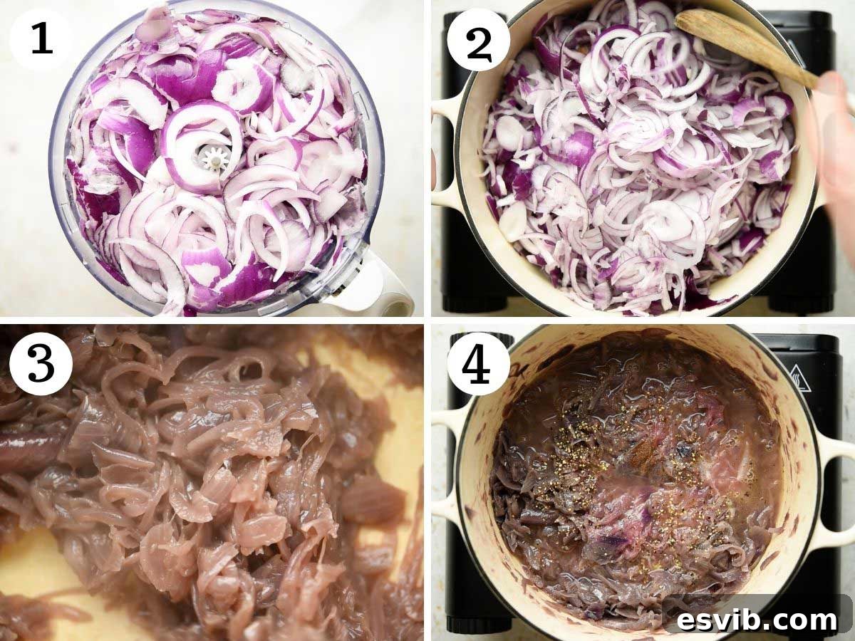 Step-by-step photos showing the process of slowly cooking red onions until perfectly tender.