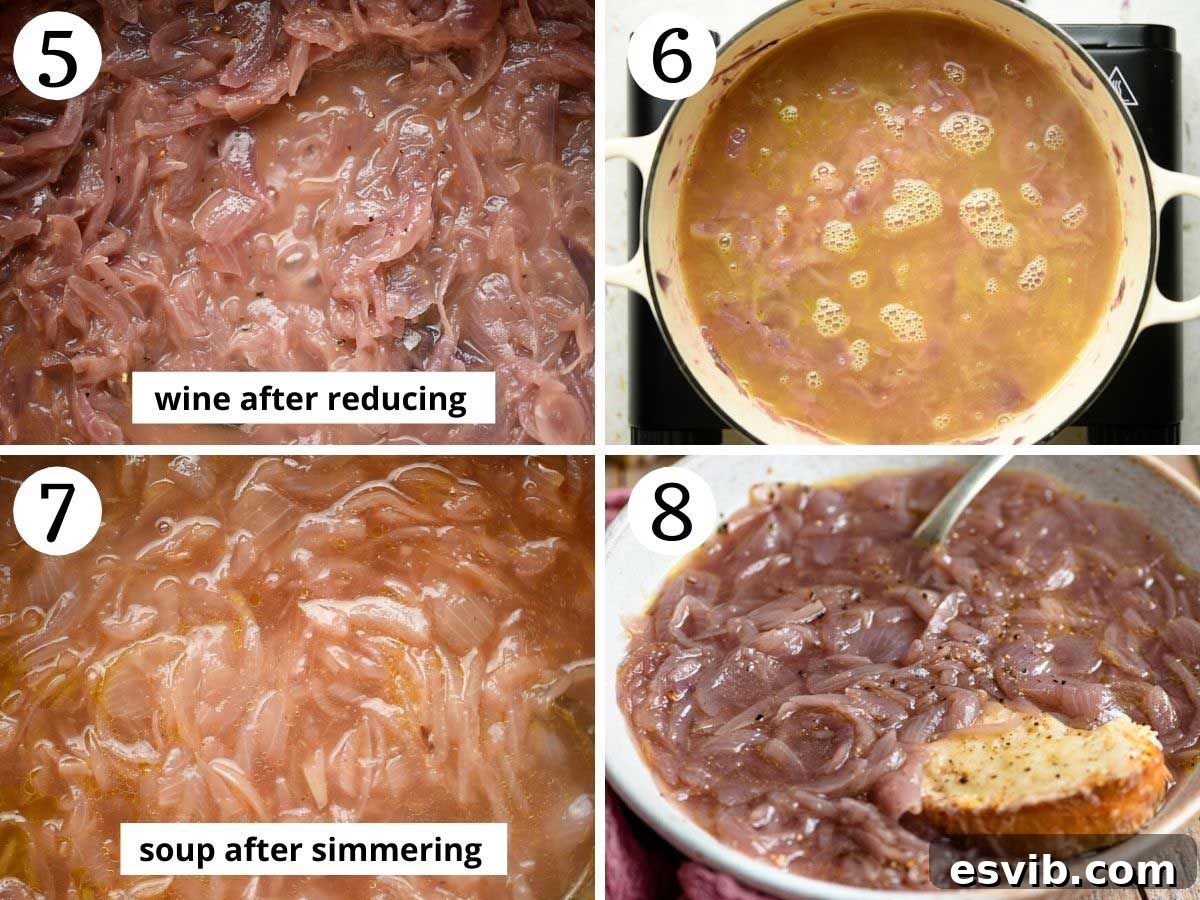 Step-by-step photos illustrating the addition of wine and stock, transforming the onions into a rich soup base.