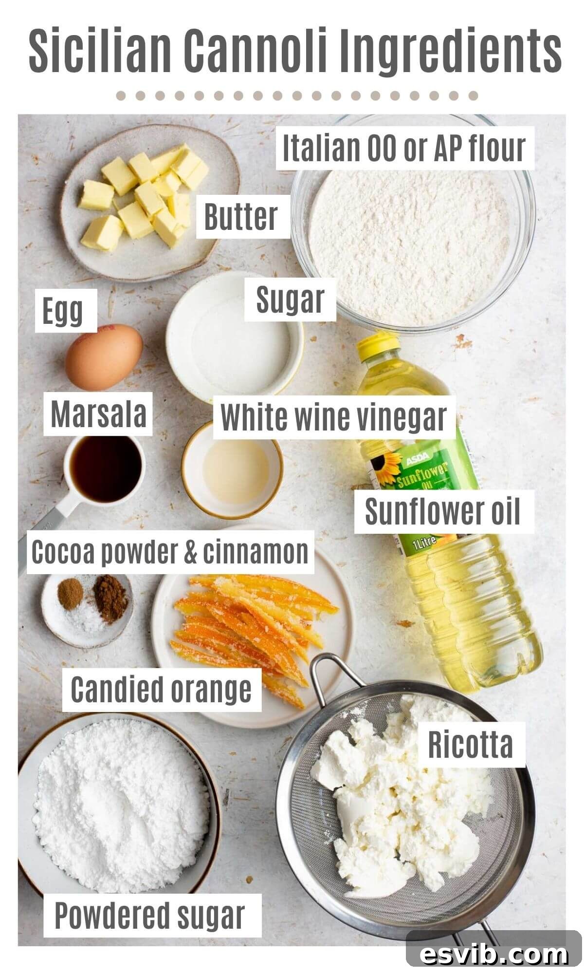 An overhead shot displaying all the high-quality ingredients required to make authentic homemade cannoli shells and a creamy ricotta filling, neatly laid out.
