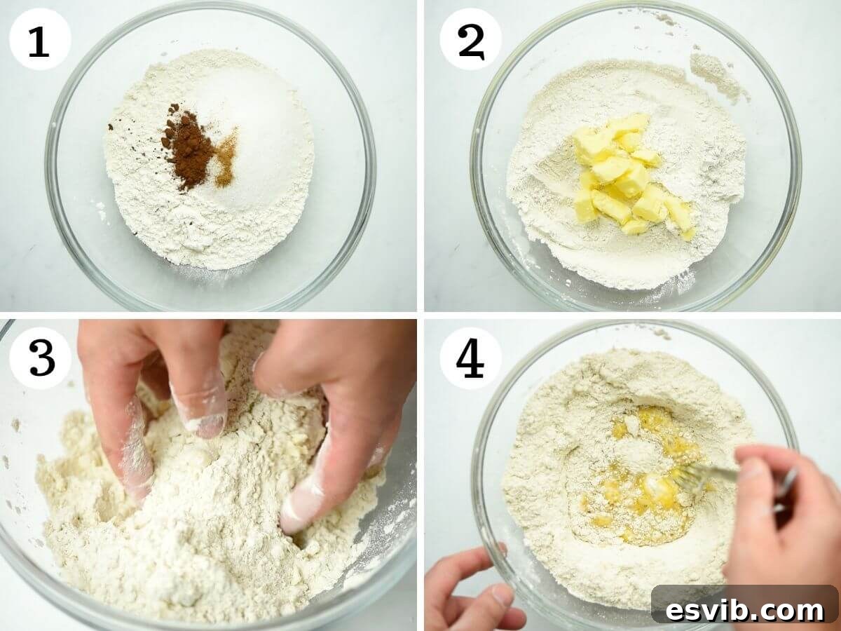 Step-by-step photos illustrating the initial stages of making homemade cannoli dough, including combining dry ingredients and expertly incorporating cold butter.