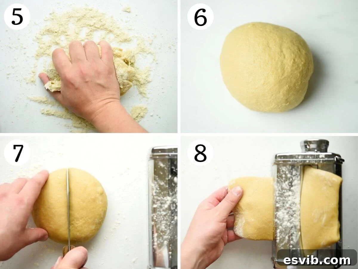 Step-by-step photos showing the vigorous process of kneading cannoli dough to properly develop gluten and achieve the desired texture for bubbly, crispy shells.