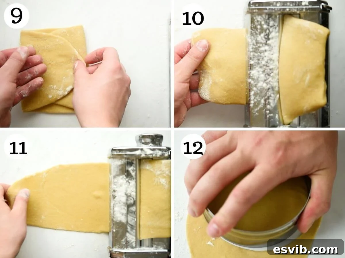 Step-by-step photos demonstrating how to efficiently roll out cannoli dough using a pasta machine to achieve consistent thinness and elasticity.