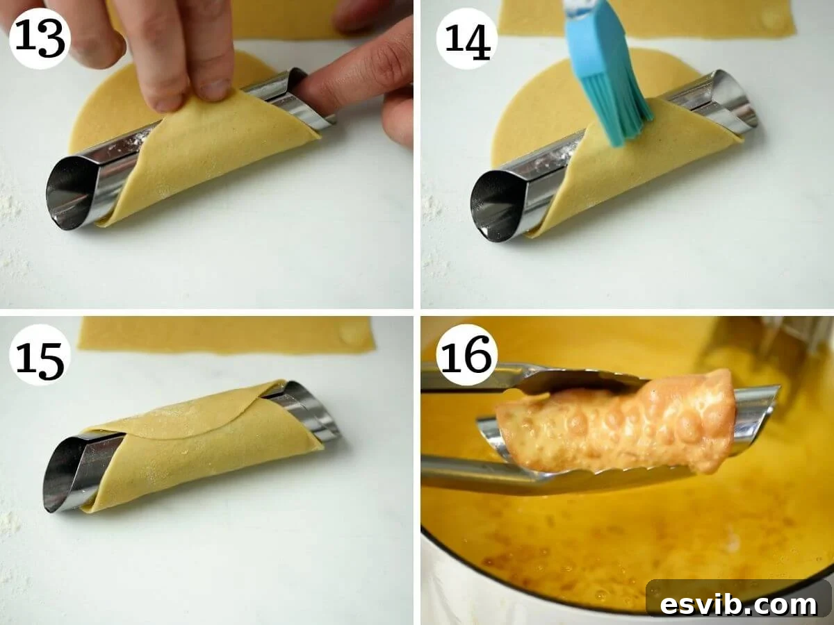 Step-by-step photos illustrating the precise methods for shaping cannoli shells around metal tubes and deep frying them to a perfect golden crispness.