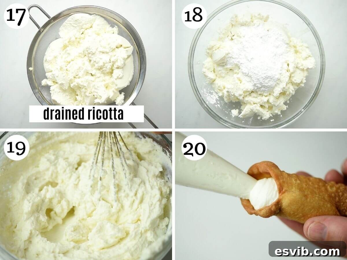 Step-by-step photos demonstrating how to prepare the creamy, sweet ricotta filling and elegantly pipe it into the crispy cannoli shells.