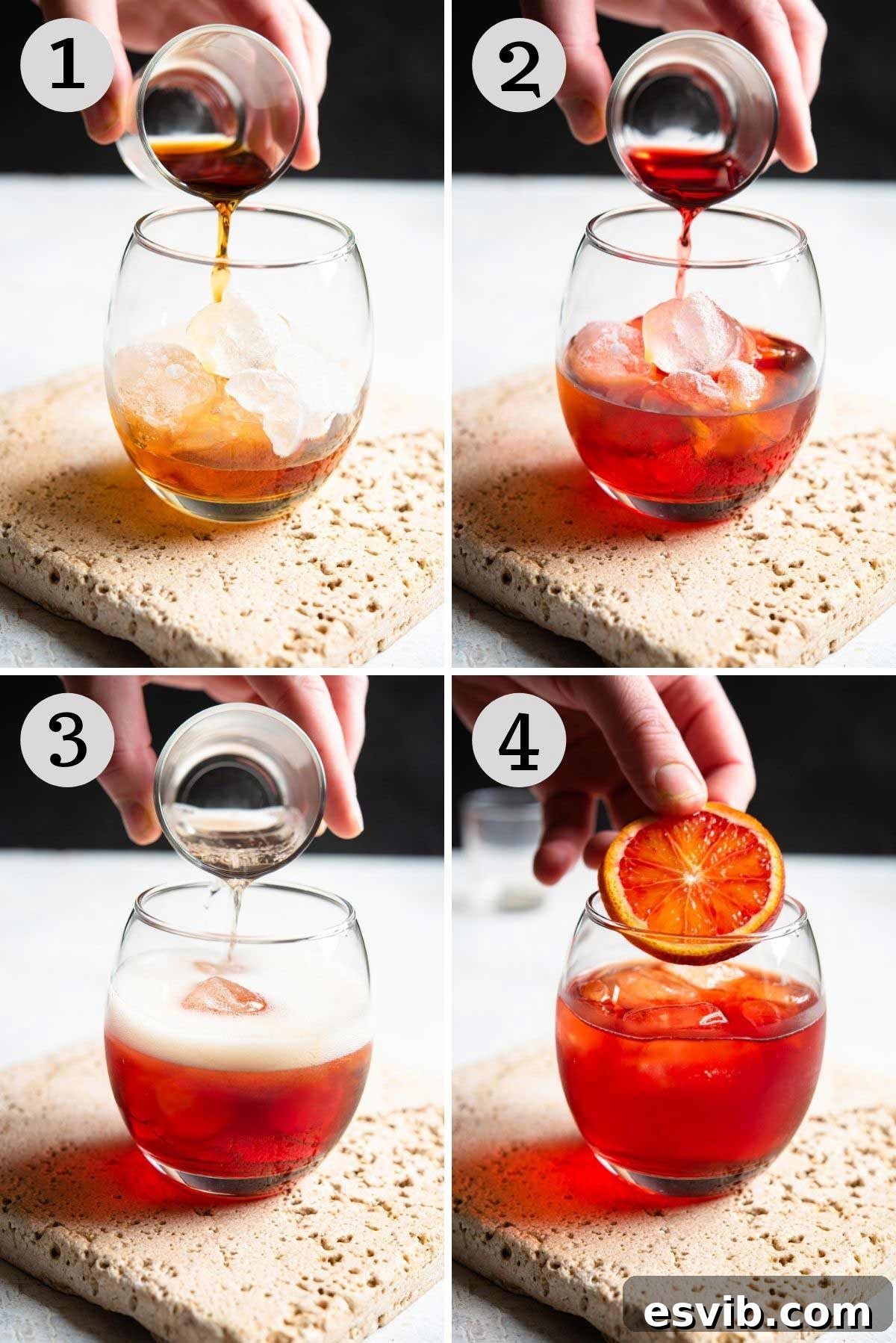 Step by step photos showing how to make a negroni sbagliato, from adding ice to pouring ingredients