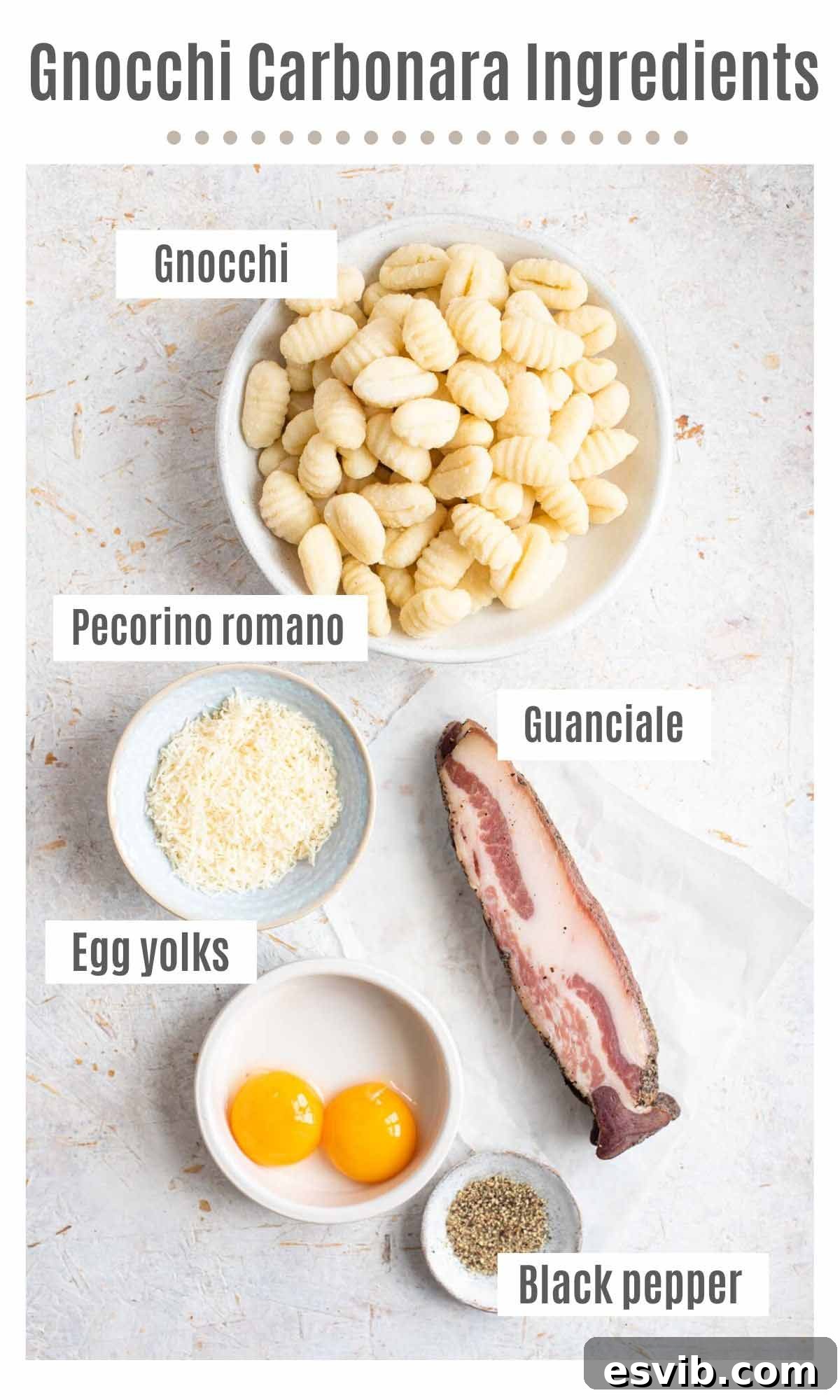 Pillowy Gnocchi Carbonara 3 An overhead shot of all the essential ingredients laid out for making gnocchi carbonara, including guanciale, eggs, Pecorino Romano, black pepper, and gnocchi.