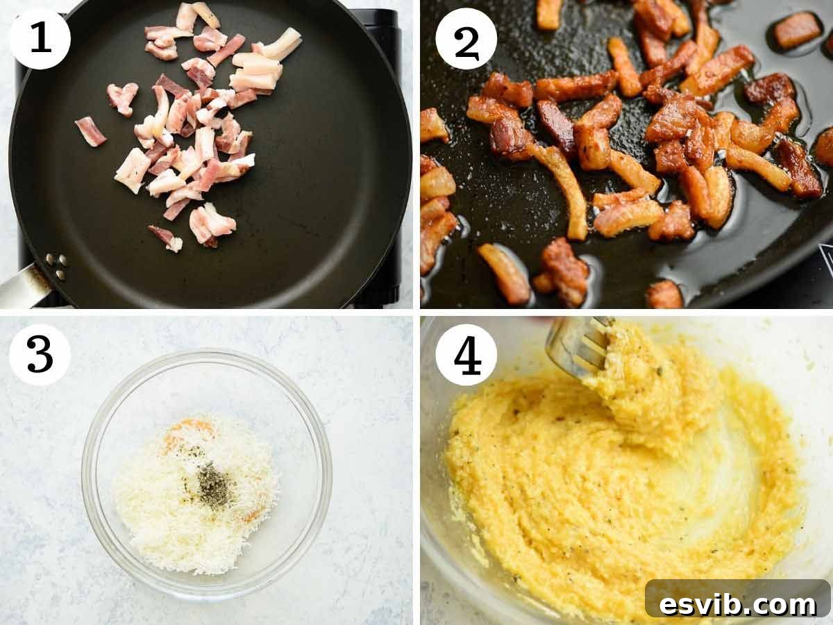 Pillowy Gnocchi Carbonara 4 Step by step photos showing how to fry guanciale until crispy and then mix egg yolks, Pecorino Romano, and black pepper into a thick paste.