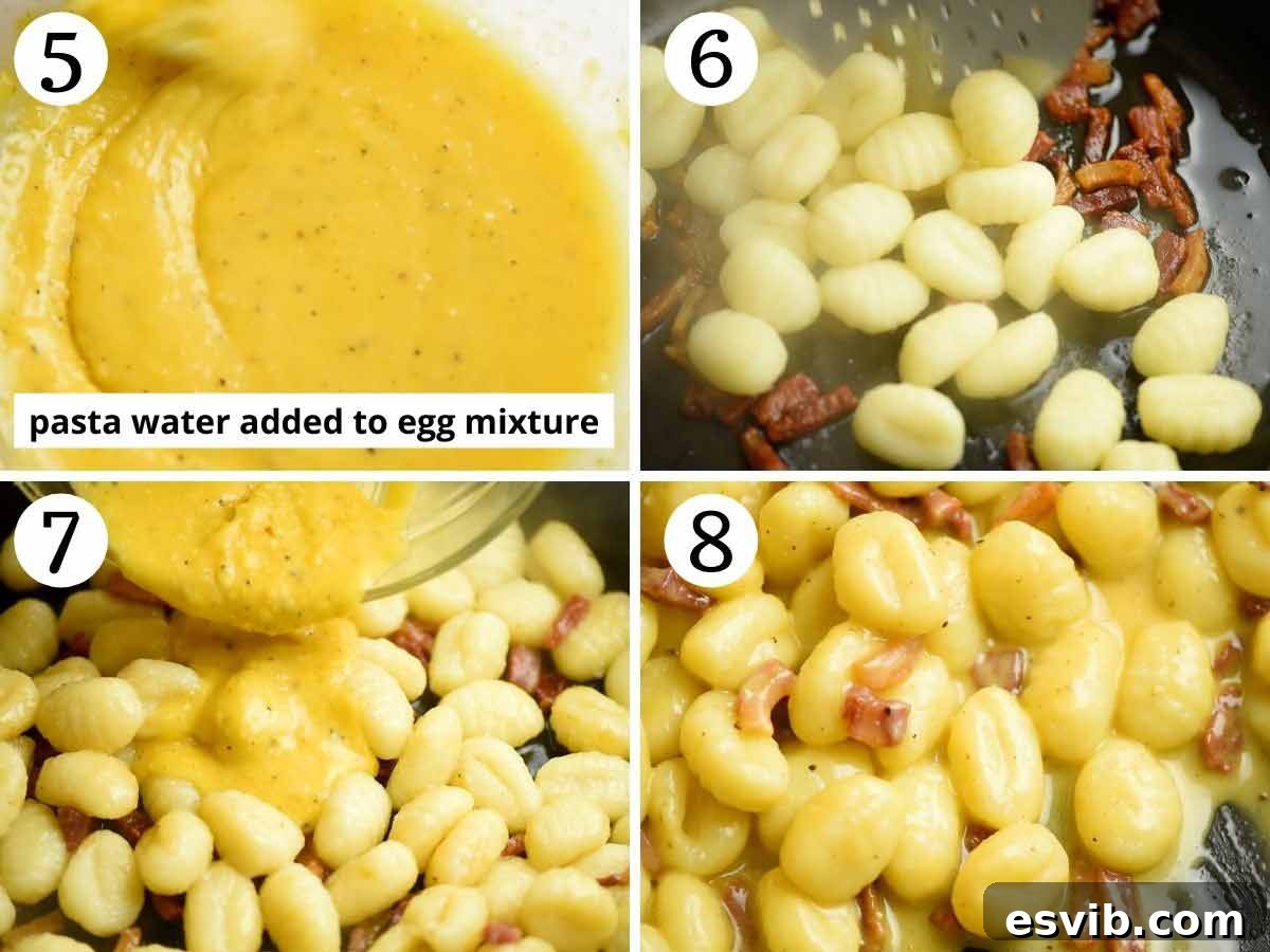 Pillowy Gnocchi Carbonara 5 Step by step photos illustrating how to loosen the egg mixture with pasta water, then add cooked gnocchi to the pan with guanciale, and finally pour the egg mixture over and toss.