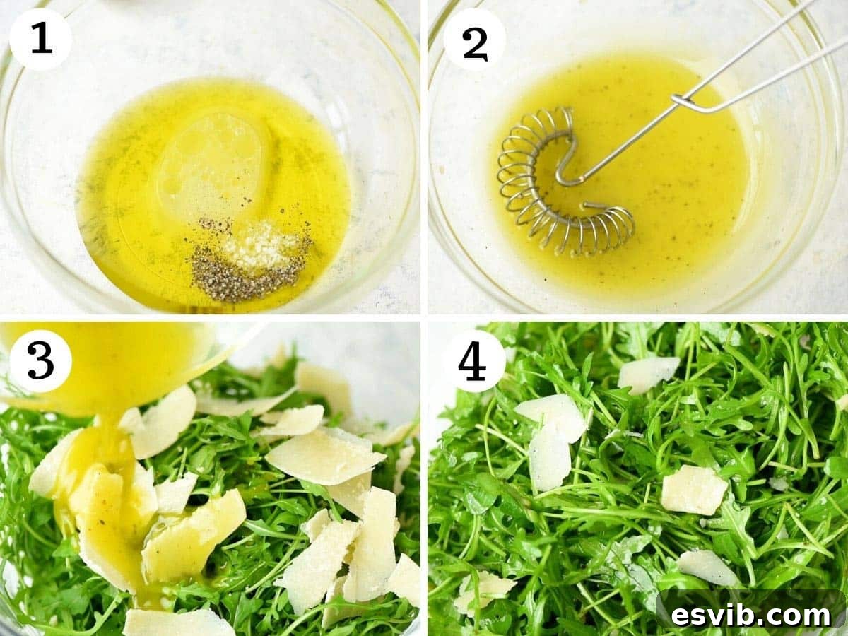 Step-by-step photos illustrating the simple process of making an arugula salad: combining ingredients, whisking dressing, and tossing.