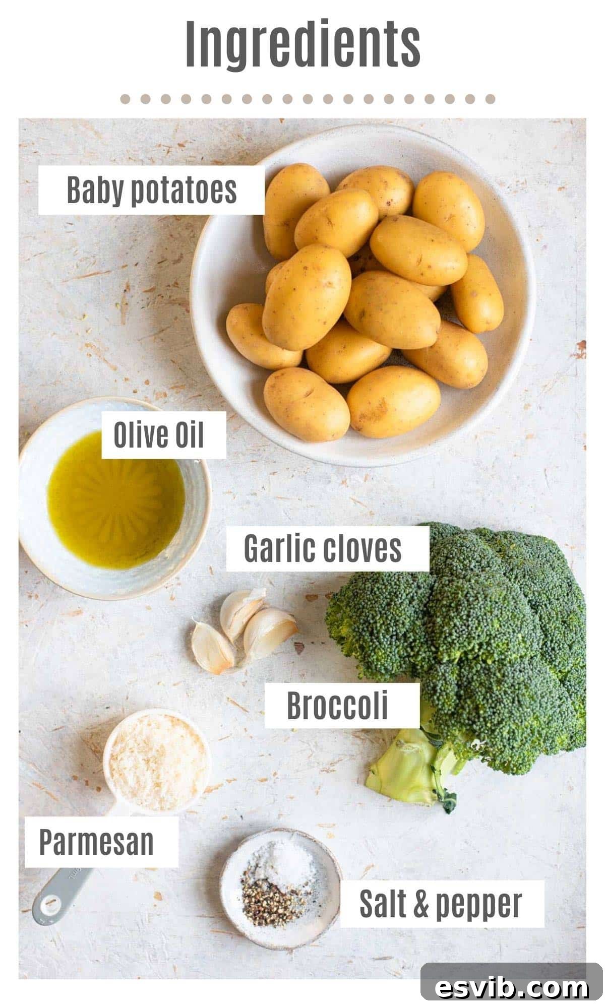 A flat lay photograph displaying all the fresh ingredients required for the roasted potatoes and broccoli recipe: whole baby potatoes, a head of broccoli, unpeeled garlic cloves, a wedge of Parmesan cheese, and a bottle of olive oil, alongside salt and pepper.