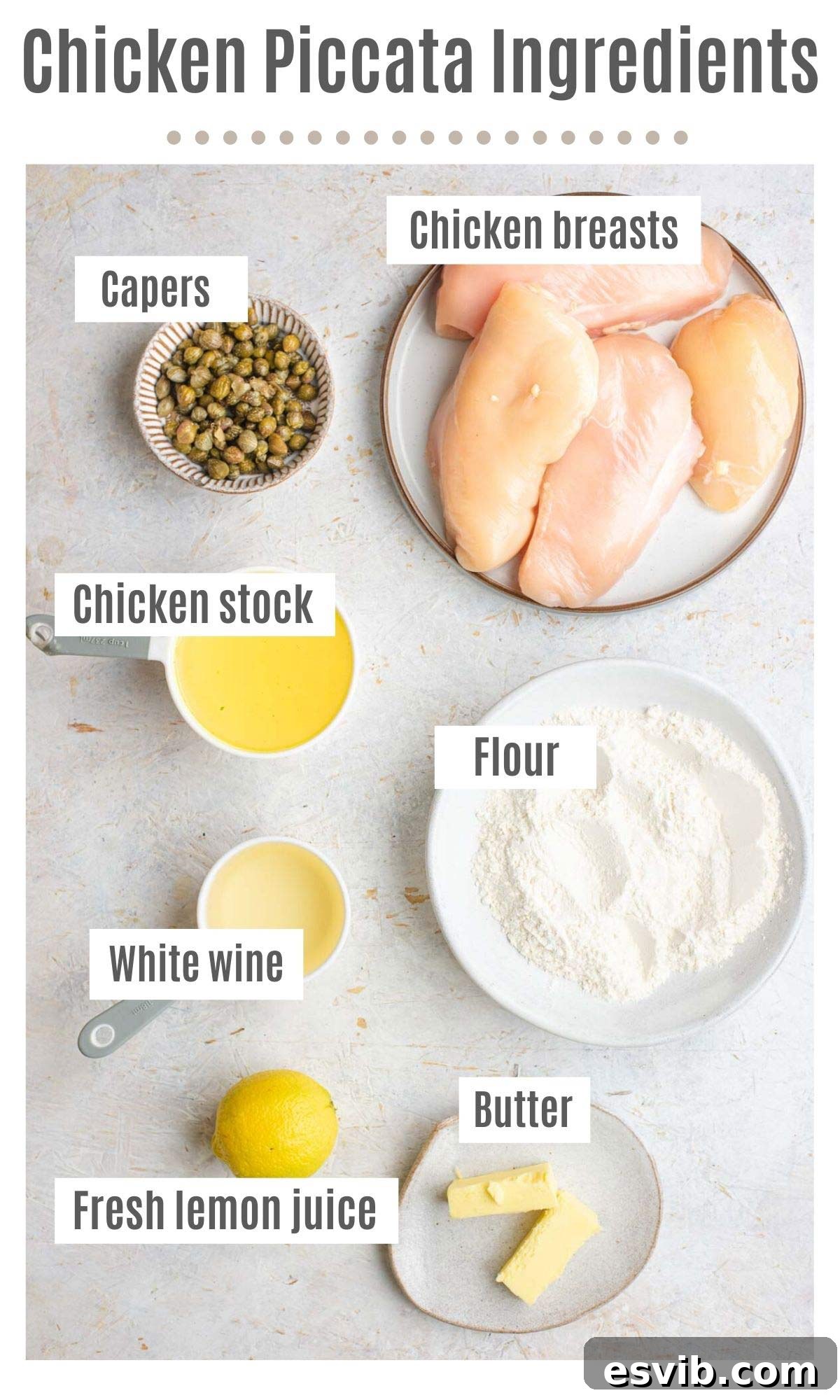 Zesty Lemon Caper Chicken Piccata 3 An overhead shot of all the fresh, simple ingredients required to make Chicken Piccata, neatly arranged for clarity.