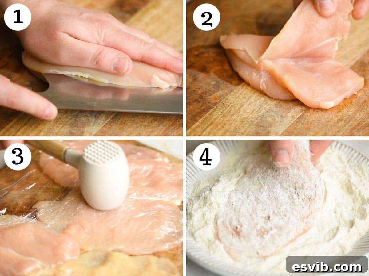 Zesty Lemon Caper Chicken Piccata 4 Step-by-step photos illustrating the process of cutting chicken breasts into thin cutlets and then dusting them evenly in flour.