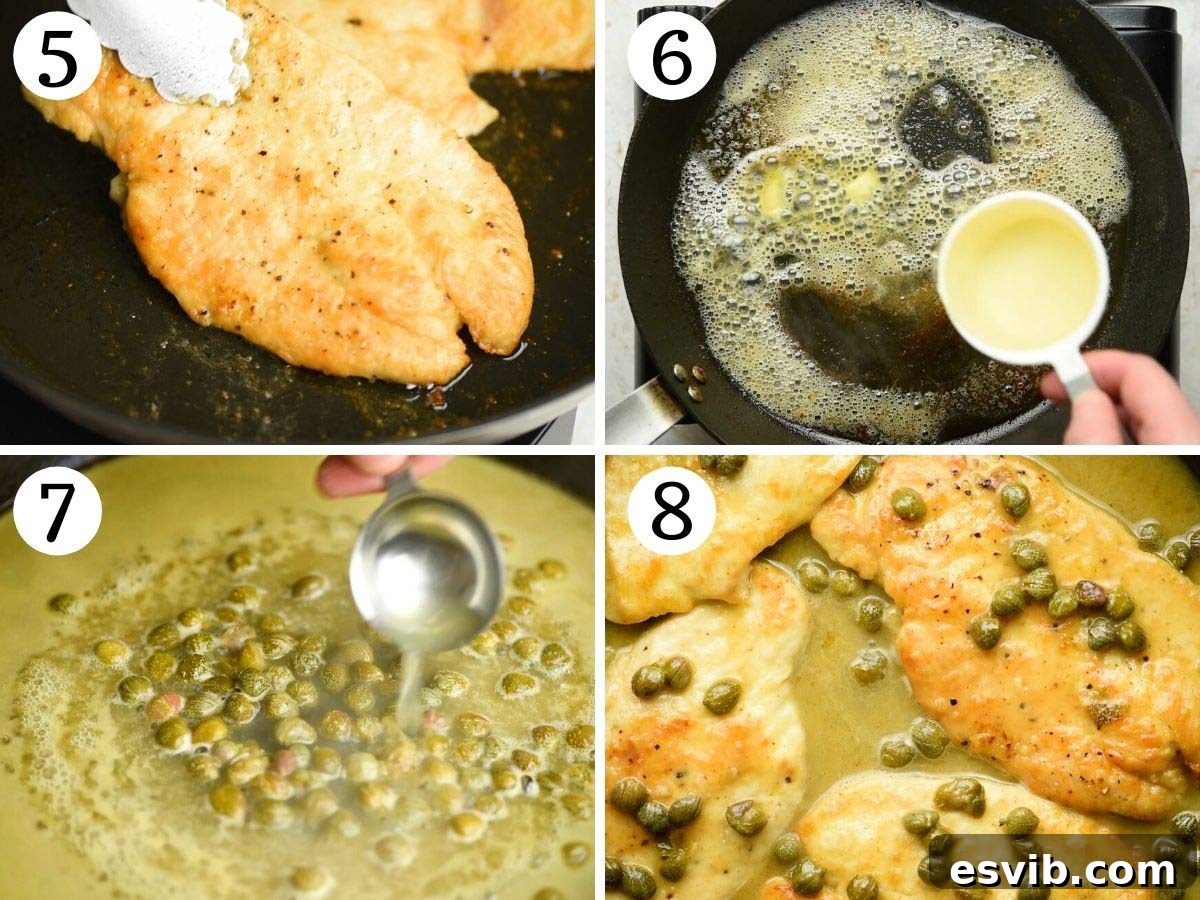 Zesty Lemon Caper Chicken Piccata 5 Step-by-step photos detailing how to prepare the flavorful lemon and caper sauce for chicken piccata, showing the reduction process.