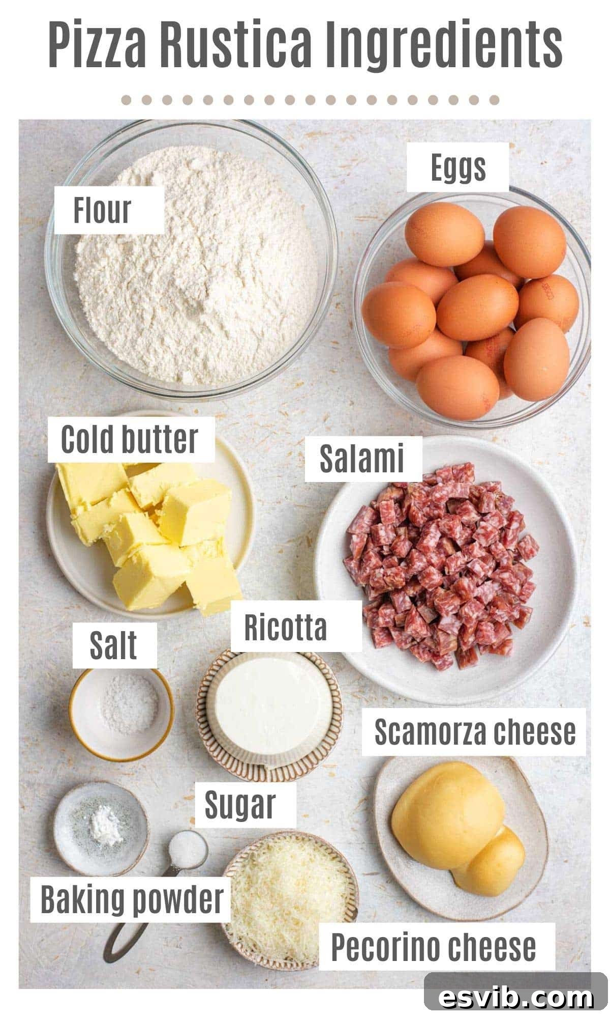 Classic Italian Easter Pie 3 An overhead shot of all the carefully selected ingredients required to make an authentic Pizza Rustica, arranged beautifully on a rustic wooden surface.