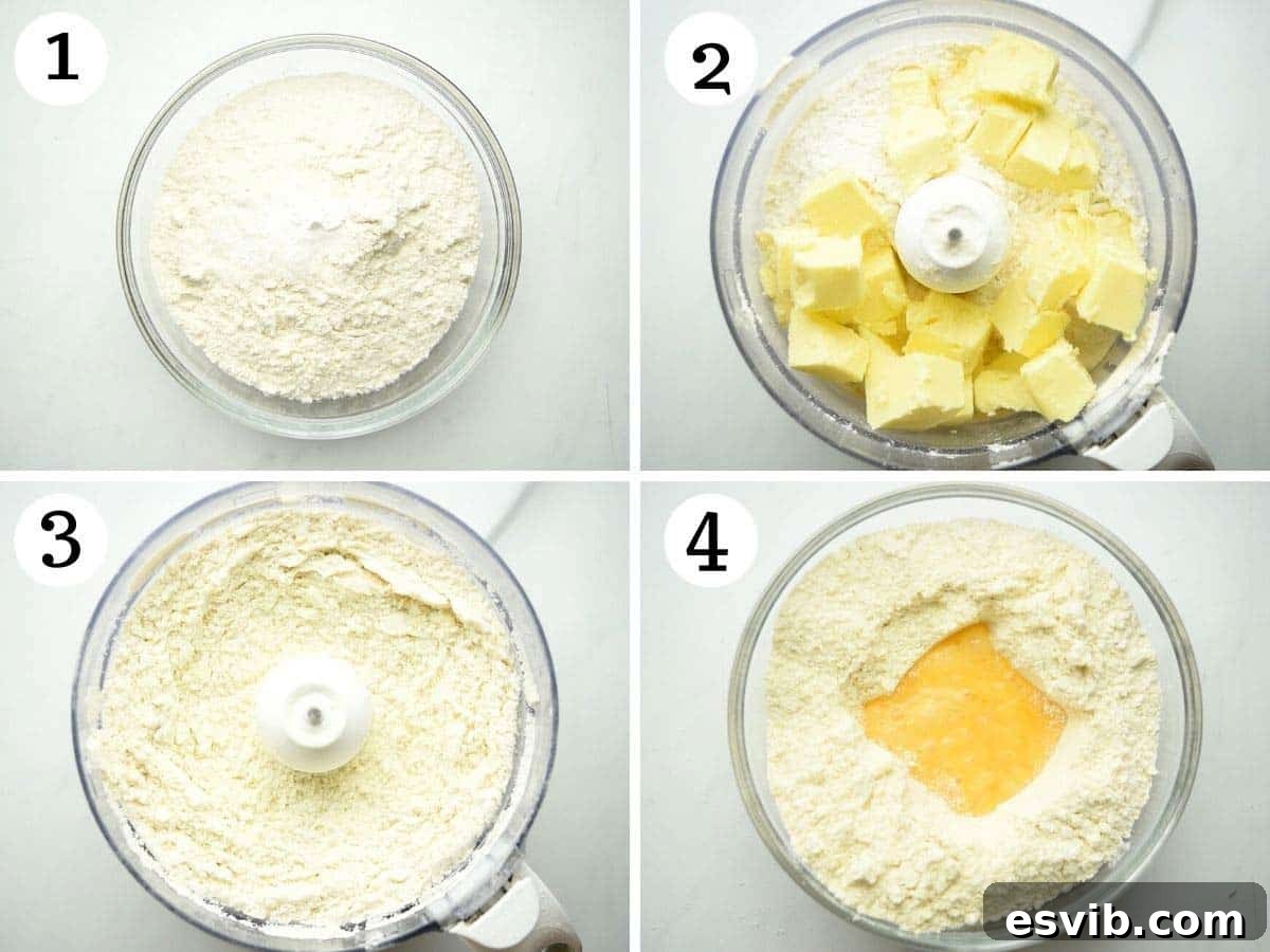 Classic Italian Easter Pie 4 Step-by-step photos illustrating the process of making pastry dough in a food processor, from combining dry ingredients to adding cold butter and pulsing until crumbly.