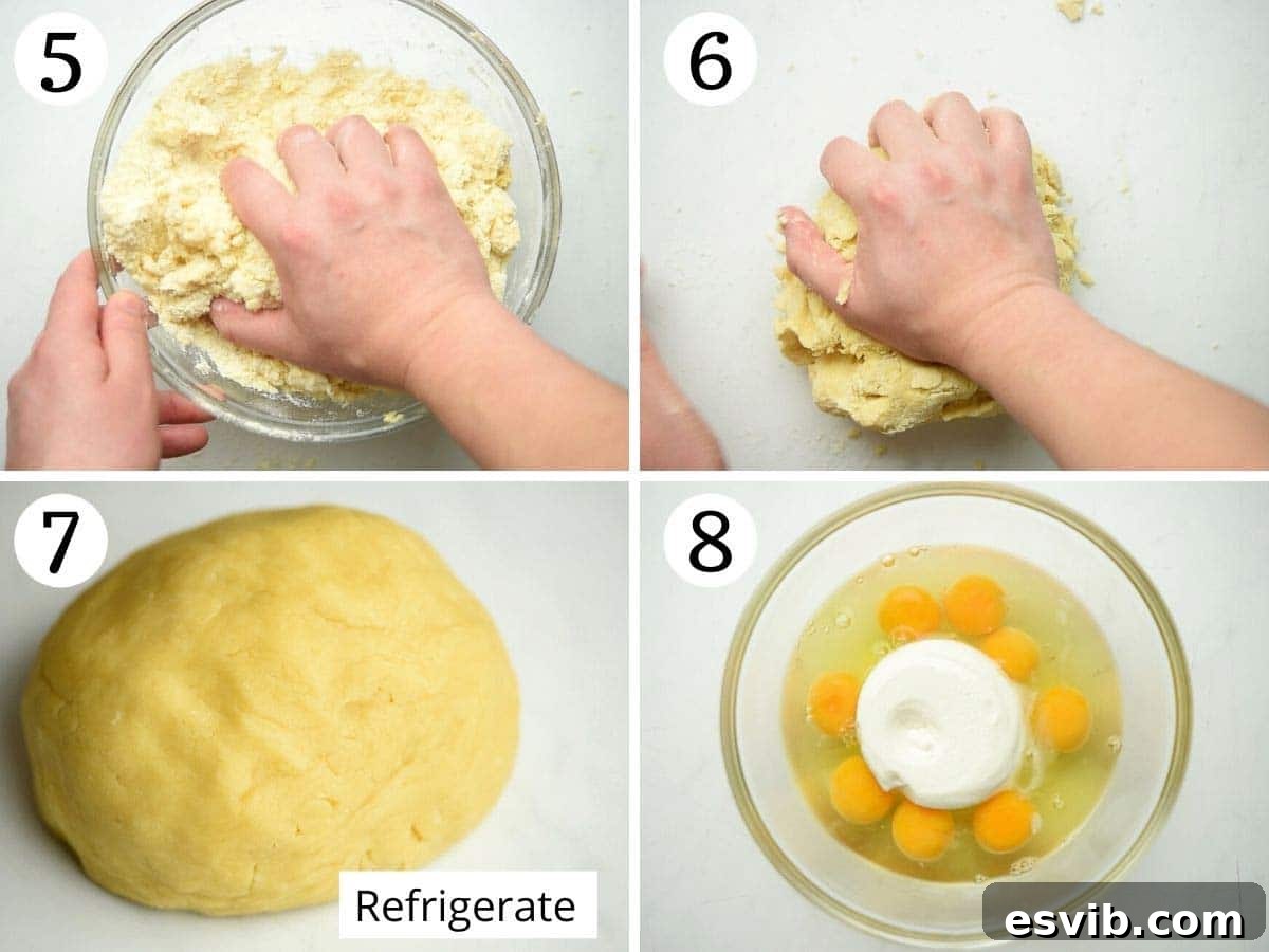Classic Italian Easter Pie 5 Step-by-step photos demonstrating how to gently knead the pastry dough by hand until it forms a smooth ball, ready for chilling and rolling.