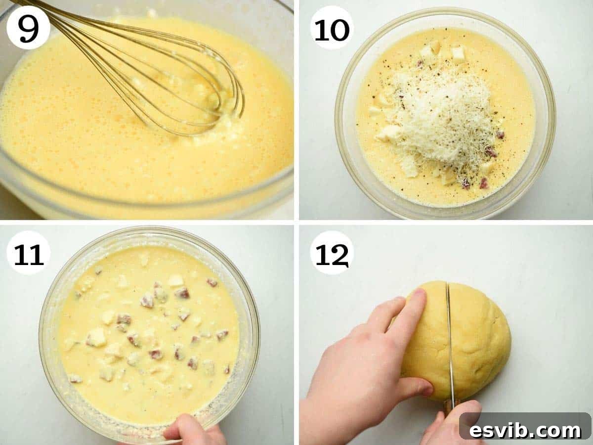 Classic Italian Easter Pie 6 Step-by-step photos showing the preparation of the Pizza Rustica filling, from cubing meats and cheeses to mixing eggs and ricotta with the savory additions.