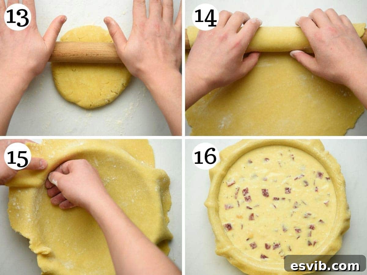 Classic Italian Easter Pie 7 Step-by-step photos guiding through rolling out the pastry dough to line a pie pan, preparing the base for the rich filling.