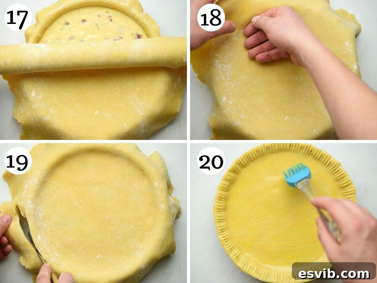 Classic Italian Easter Pie 8 Step-by-step photos illustrating the final assembly of the Italian Easter pie, including filling the crust, adding the top layer, sealing the edges, and preparing it for baking.