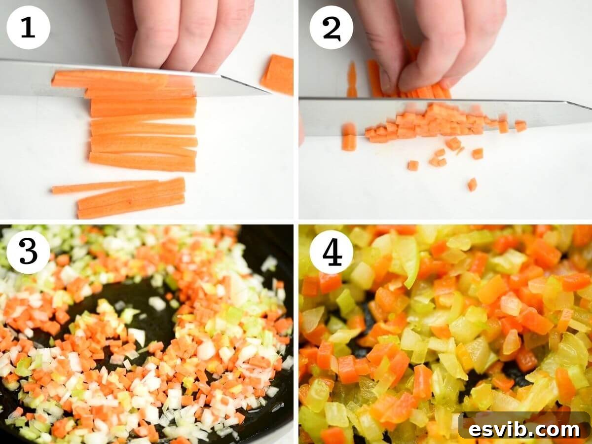 The Art of Perfect Soffritto 4 Step by step photos showing how to make Italian soffritto, with the first image displaying finely chopped vegetables on a board