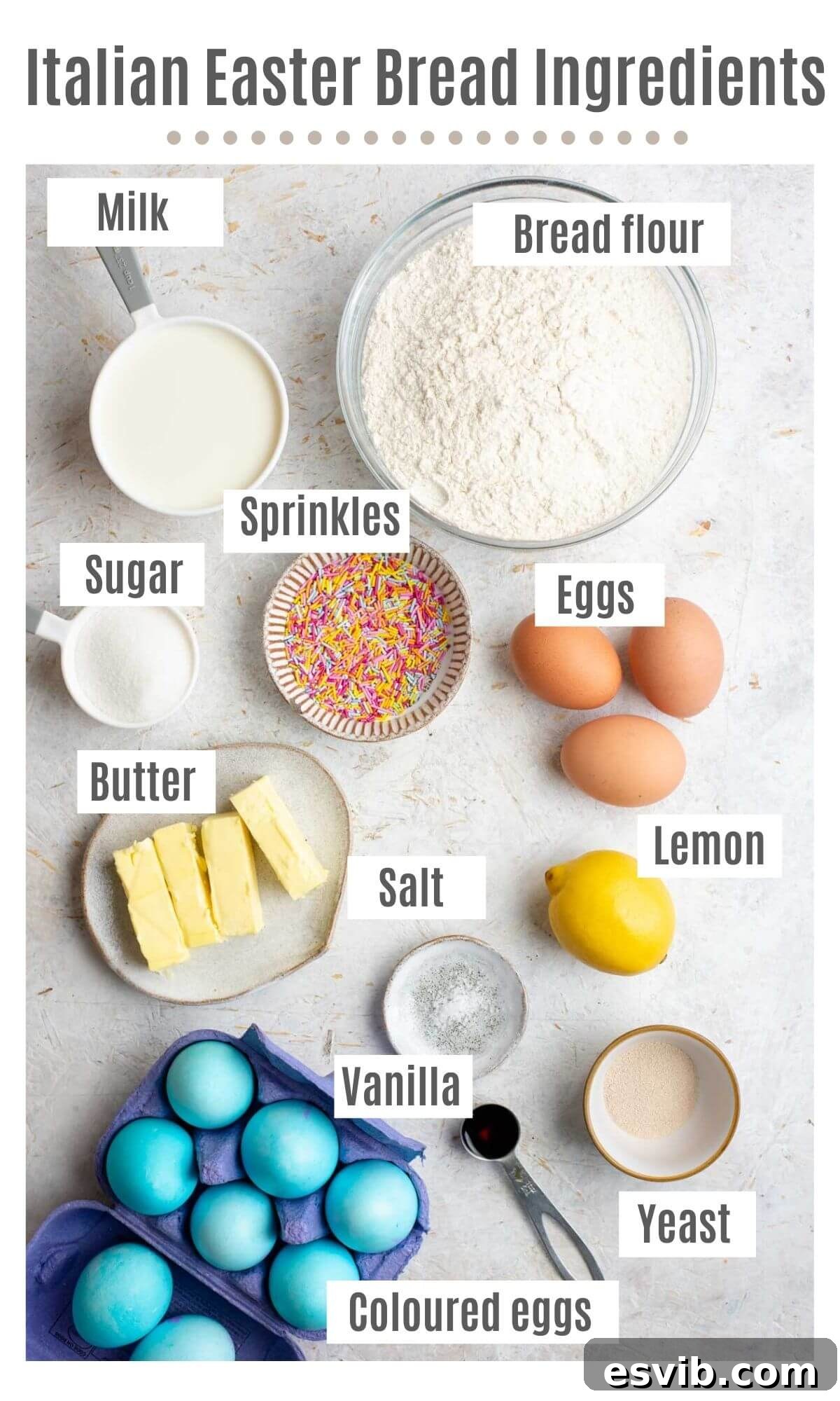 An overhead shot of all the ingredients you need to make Italian easter bread