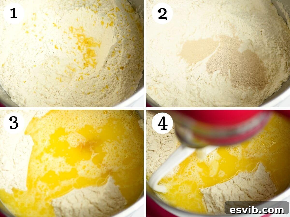 Step by step photos showing how to mix dry and wet ingredients together