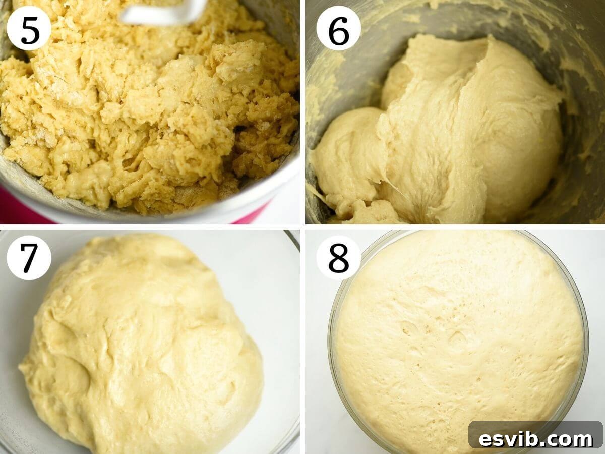 Step by step photos showing how to prepare Italian Easter bread dough in a stand mixer