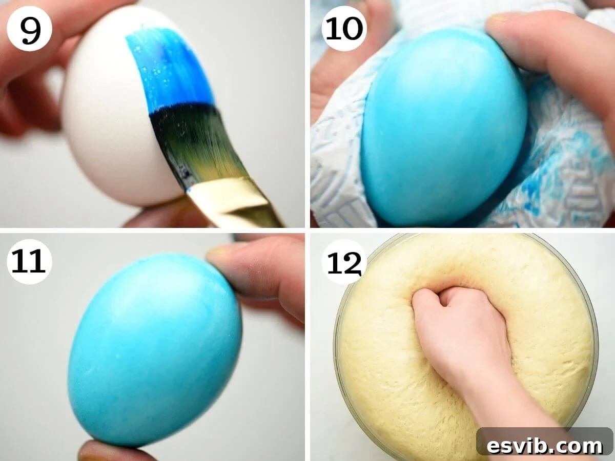 Step by step photos showing how to paint eggs with food colouring