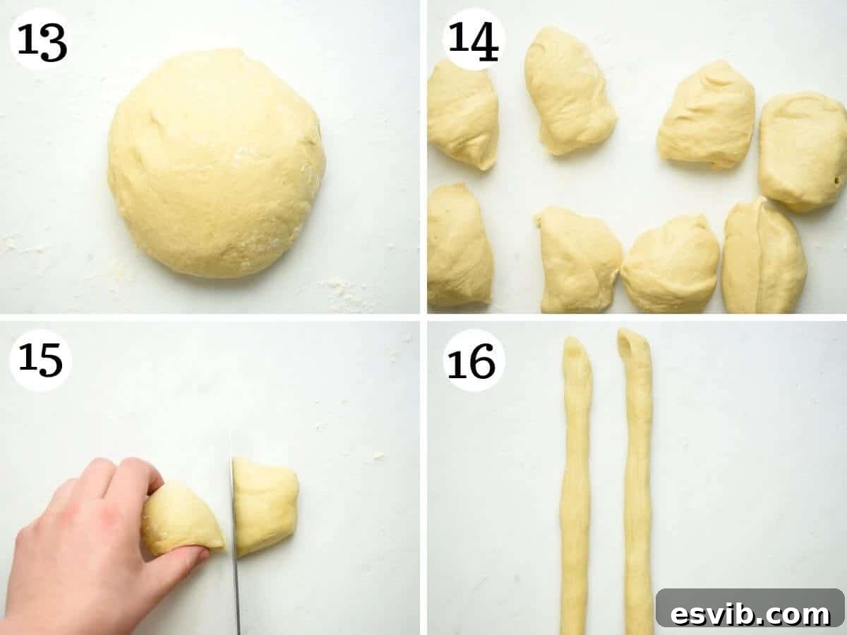 Step by step photos showing how to cut Italian Easter bread dough into portions