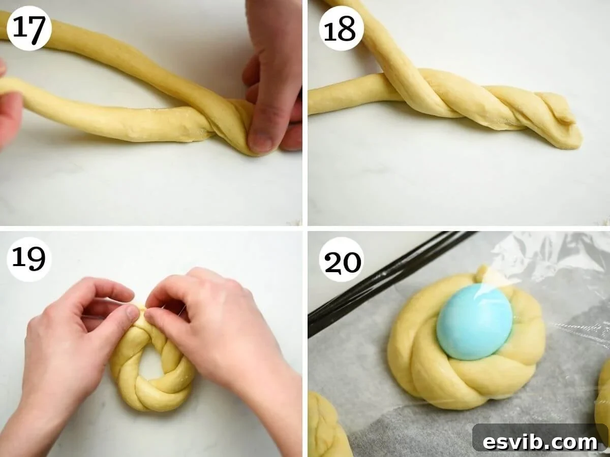 Step by step photos showing how to shape Italian Easter bread into nests with an egg in the middle