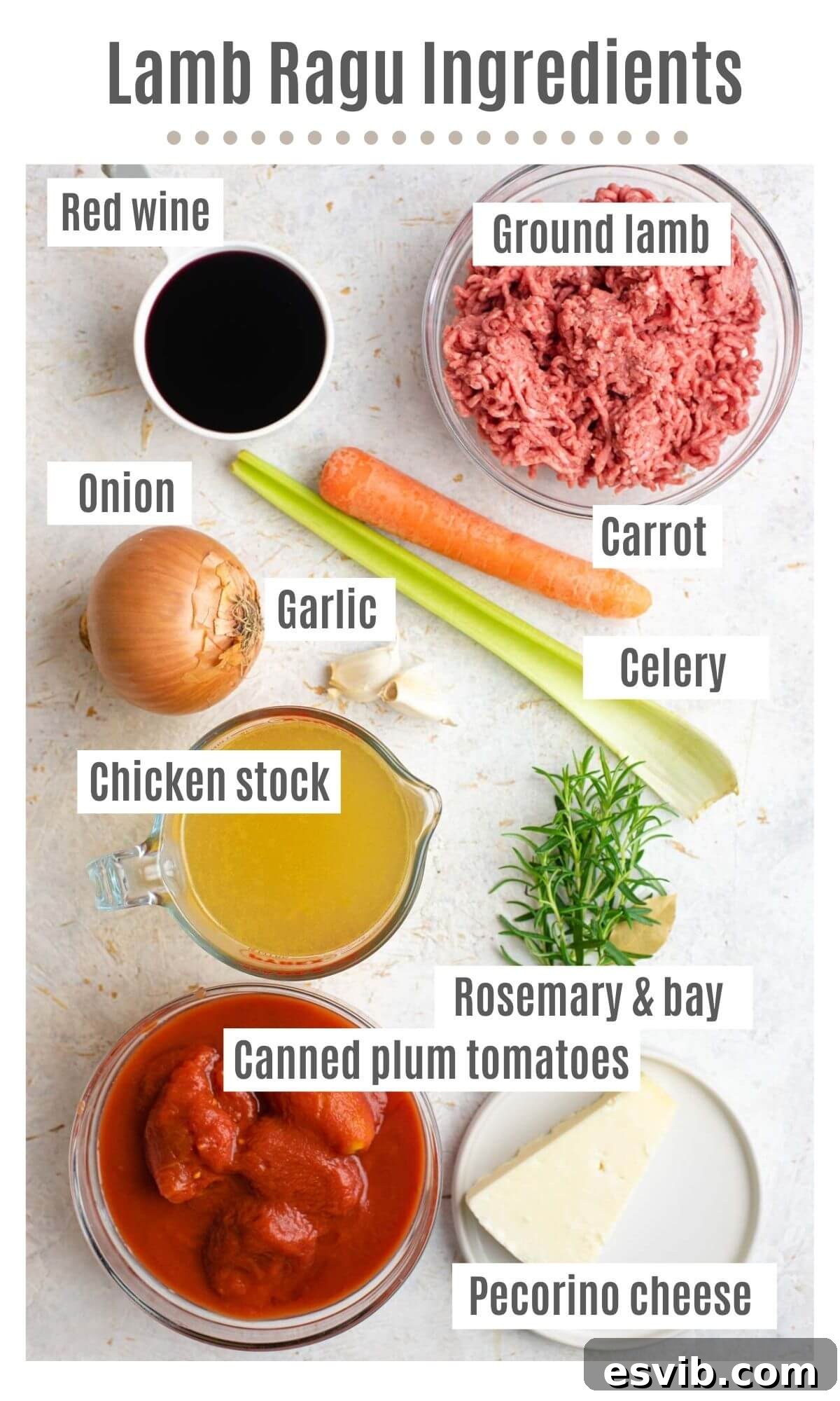 Slow Simmered Italian Lamb Ragu 3 An overhead flat lay photo showcasing all the fresh and pantry ingredients required to make Italian Lamb Ragu, including vegetables, canned tomatoes, lamb, wine, and herbs.