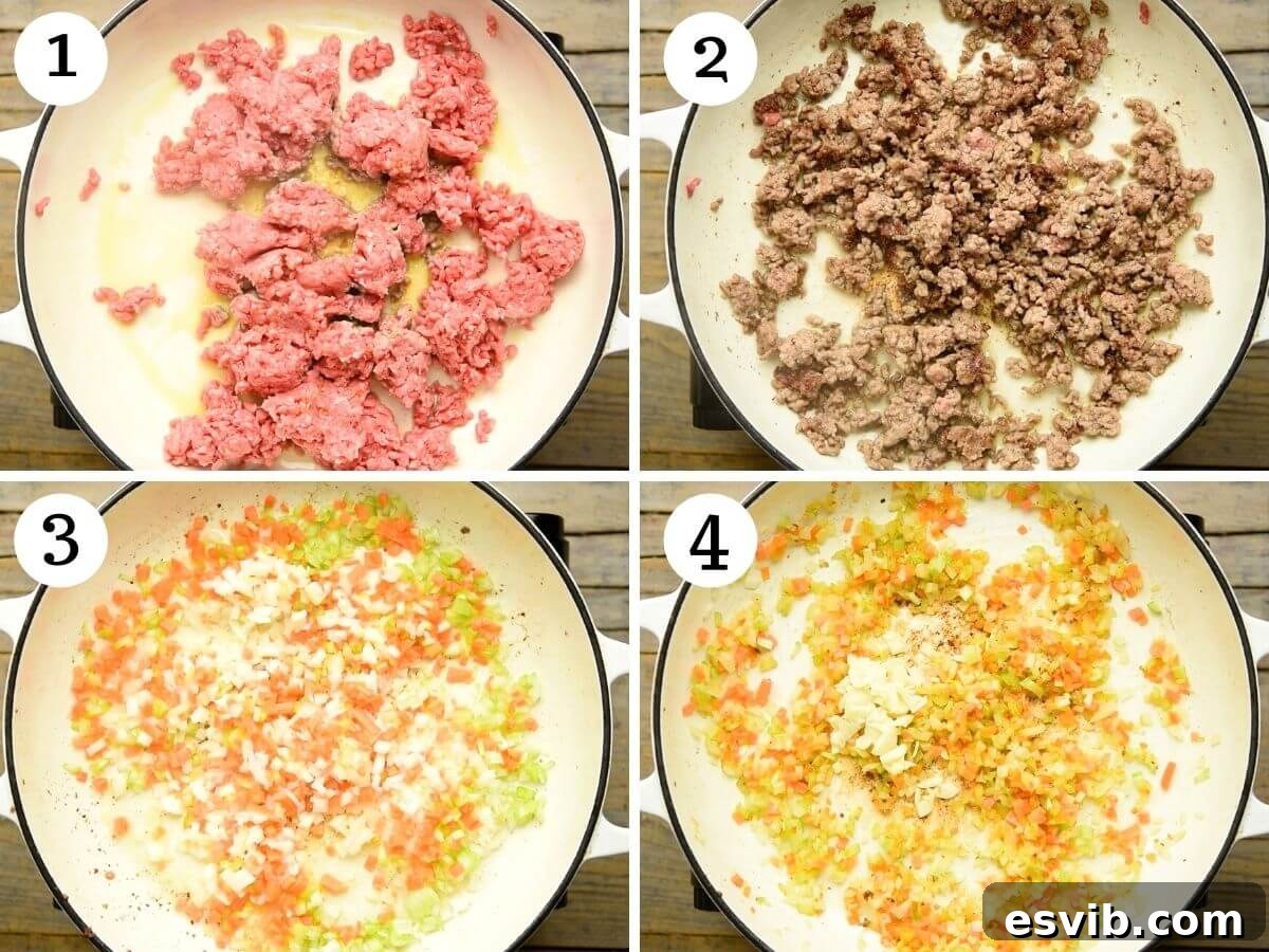 Slow Simmered Italian Lamb Ragu 4 A step-by-step photographic collage demonstrating the initial stages of preparing lamb ragu: browning ground lamb in a Dutch oven and then sautéing finely chopped carrots, celery, and onions until softened.