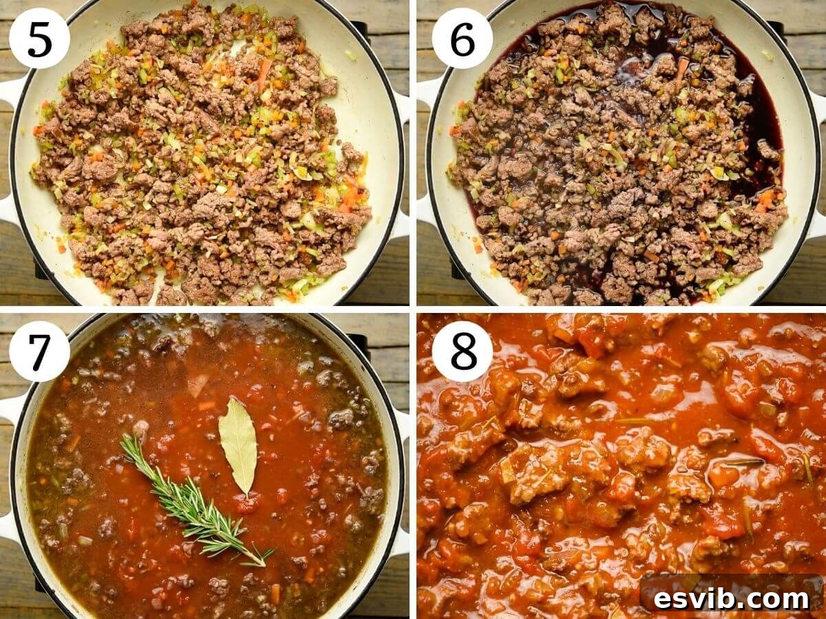 Slow Simmered Italian Lamb Ragu 5 A second step-by-step photographic collage illustrating the later stages of lamb ragu preparation: adding red wine and reducing, then simmering with canned tomatoes, chicken stock, rosemary, and bay leaf.