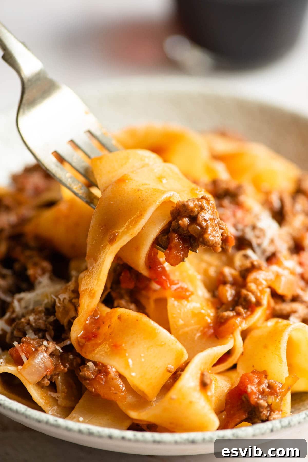 Slow Simmered Italian Lamb Ragu 6 A close-up shot of tender Italian Lamb Ragu expertly tossed with pappardelle pasta, showcasing the rich, thick sauce coating each noodle, ready to be enjoyed.