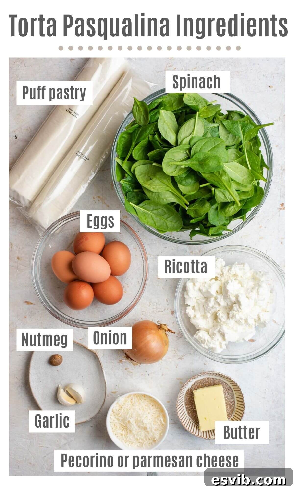Torta Pasqualina Savory Spinach and Ricotta Easter Pie 3 An overhead shot showcasing all the fresh ingredients needed for Torta Pasqualina, including puff pastry, vibrant spinach, creamy ricotta, eggs, onion, garlic, and cheese.