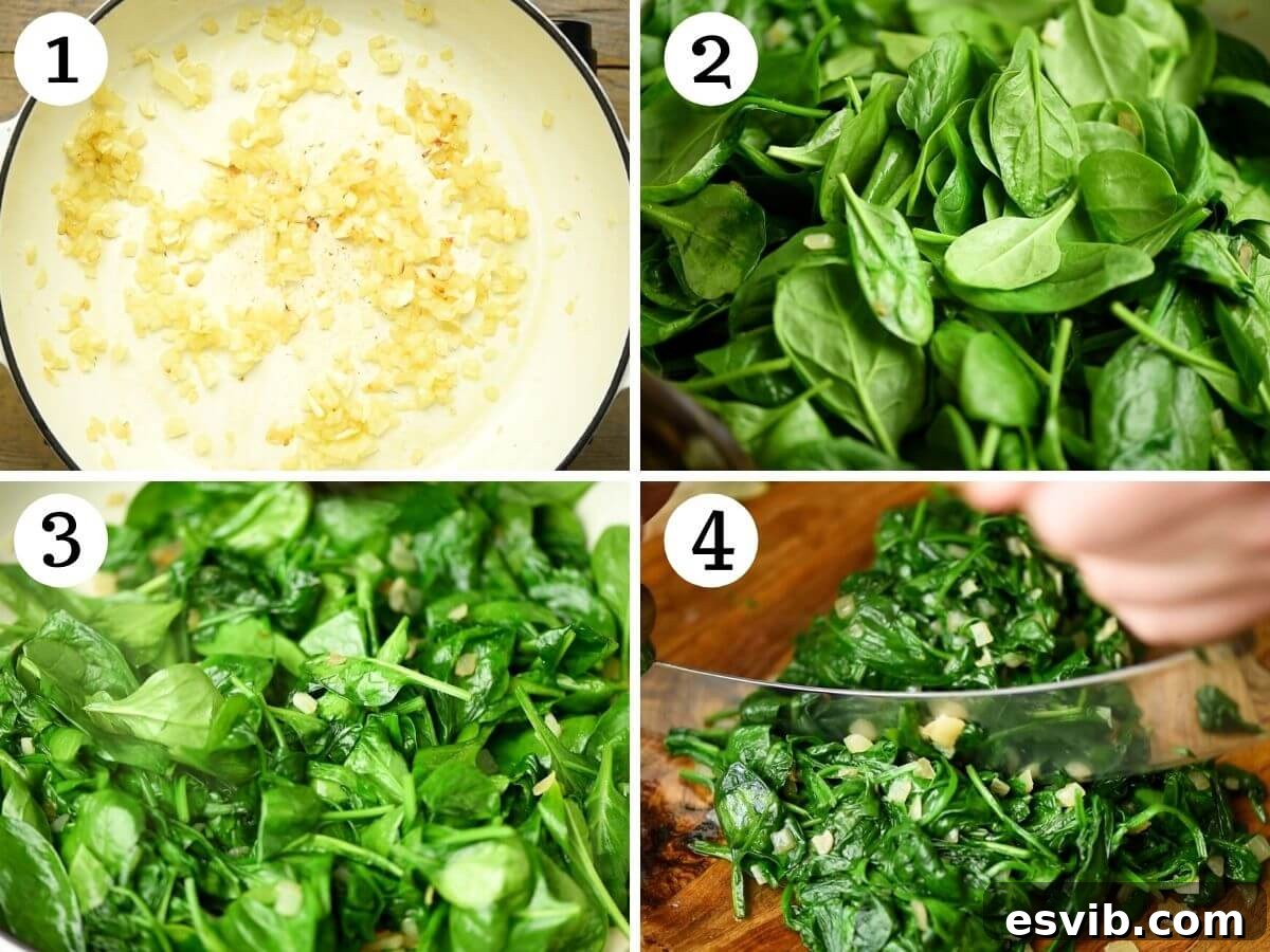 Torta Pasqualina Savory Spinach and Ricotta Easter Pie 4 Step-by-step photos illustrating the sautéing process for spinach, onion, and garlic for Torta Pasqualina.
