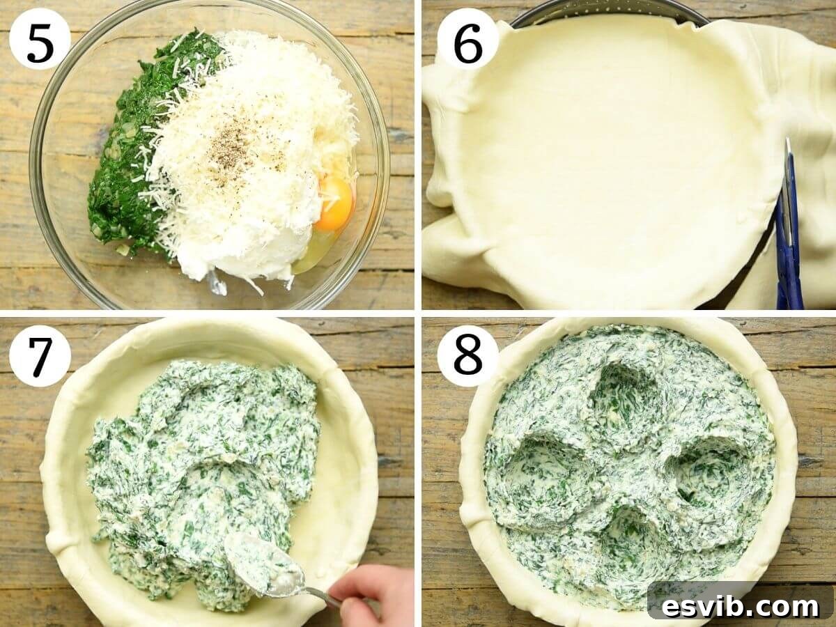 Torta Pasqualina Savory Spinach and Ricotta Easter Pie 5 Step-by-step photos demonstrating how to prepare the spinach and ricotta filling and place it into the pastry-lined pie dish.