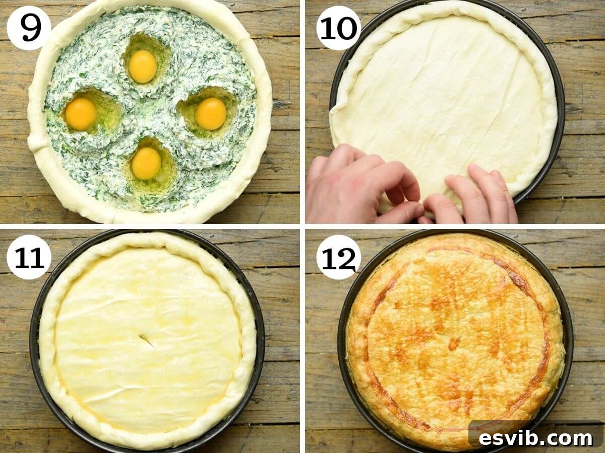 Torta Pasqualina Savory Spinach and Ricotta Easter Pie 6 Step-by-step photos showing the final preparations for Torta Pasqualina, including applying an egg wash and making a steam vent before baking.